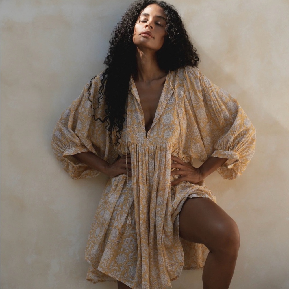 Boho Yellow Floral Puff-Sleeve Mini Dress
